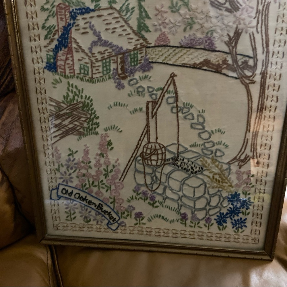 Vintage Crewel Embroidery Picture Old Oaken Bucket Framed Linen Art Cottagecore - Picture 6 of 9